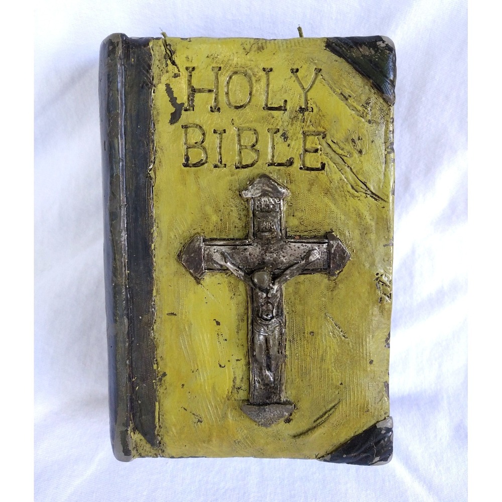 New Antiqued Distressed Green Brown Crucifix  Holy Bible Two-wick Candle 6.5x4x2